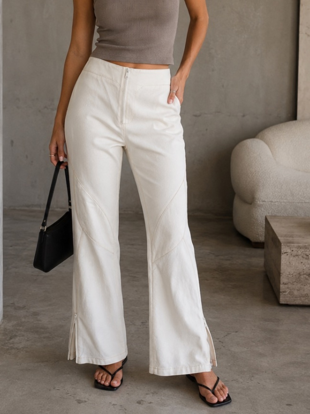 Dion Lee Ponte Flared Wide Leg High Rise Pants Minimalist Stretch Cream 6